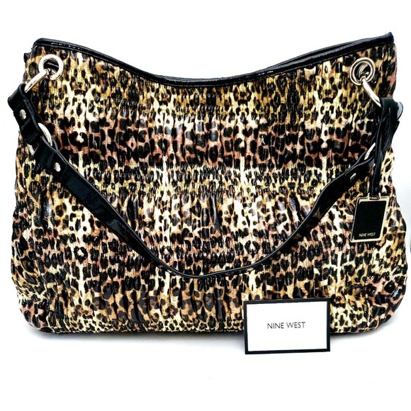 Nine West Handbags - Nine West Wide Leopard / Cheetah Print Patent Faux Leather Purse Black Bottom